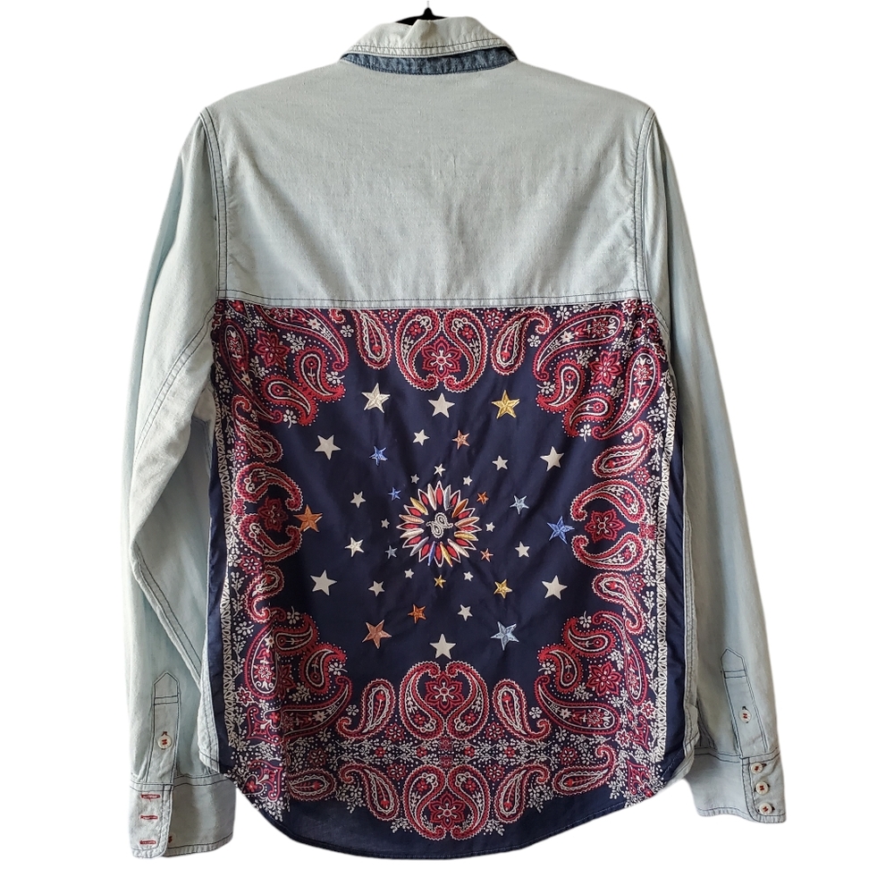 Free People Bandana Bandit Button Up Shirt Womens Medium Chambray Embroidered M